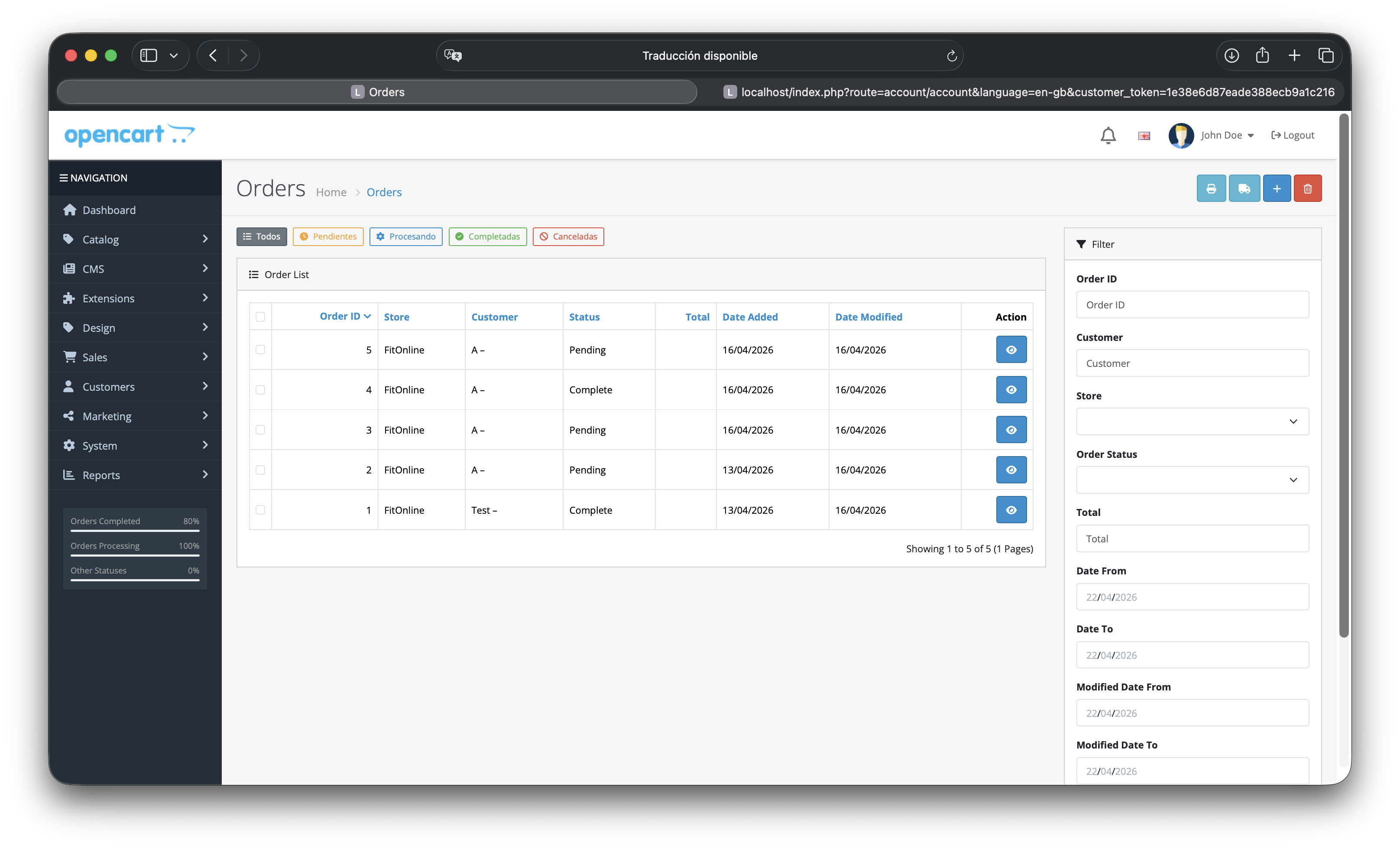Panel de pedidos en admin