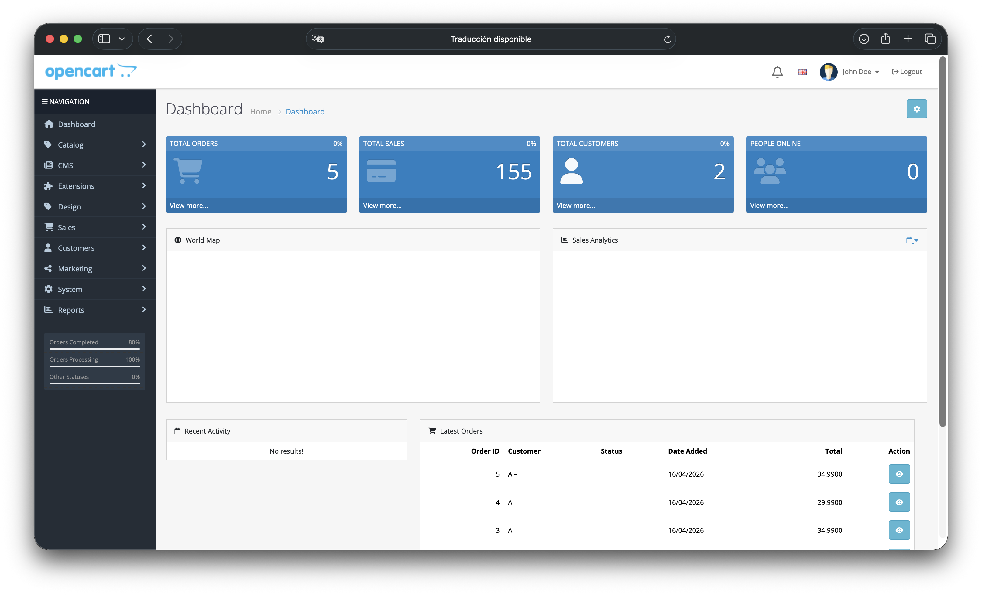 Panel de administración de OpenCart