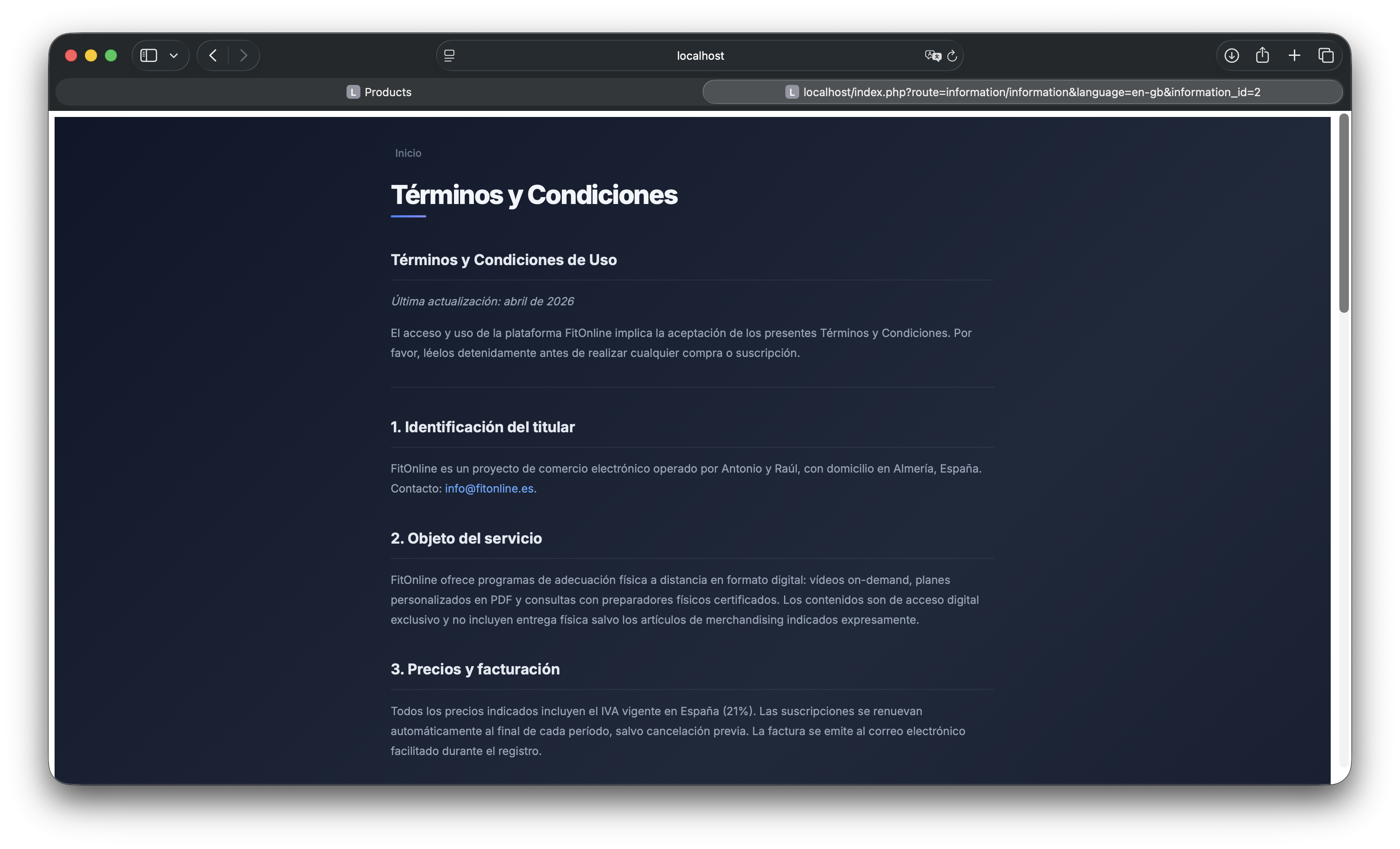 Páginas legales de la tienda